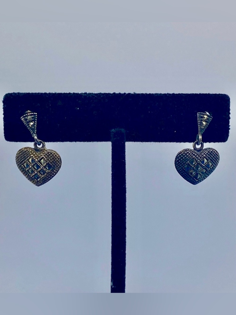 Sterling Silver Marcasite Heart Earrings Dangle Drop Earrings